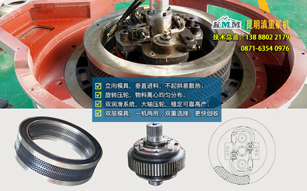 雙層、立向模具、旋轉(zhuǎn)壓輪等顆粒機(jī)內(nèi)部示意圖
